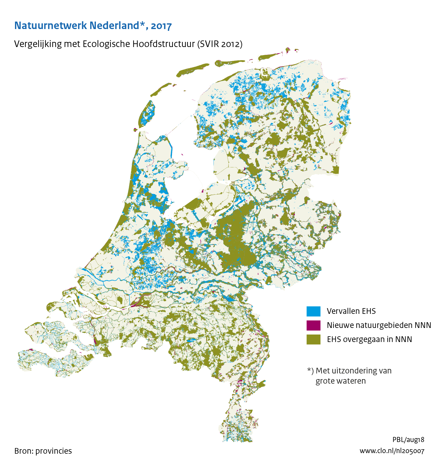 Figuur Overgang van Ecologische Hoofdstructuur naar Natuurnetwerk Nederland. In de rest van de tekst wordt deze figuur uitgebreider uitgelegd.