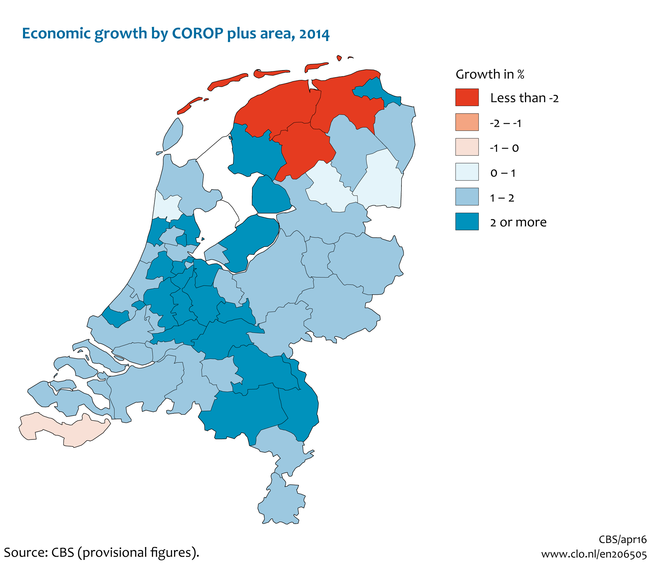 Image  Economic growth by COROP plus area, 2014. The image is further explained in the text.