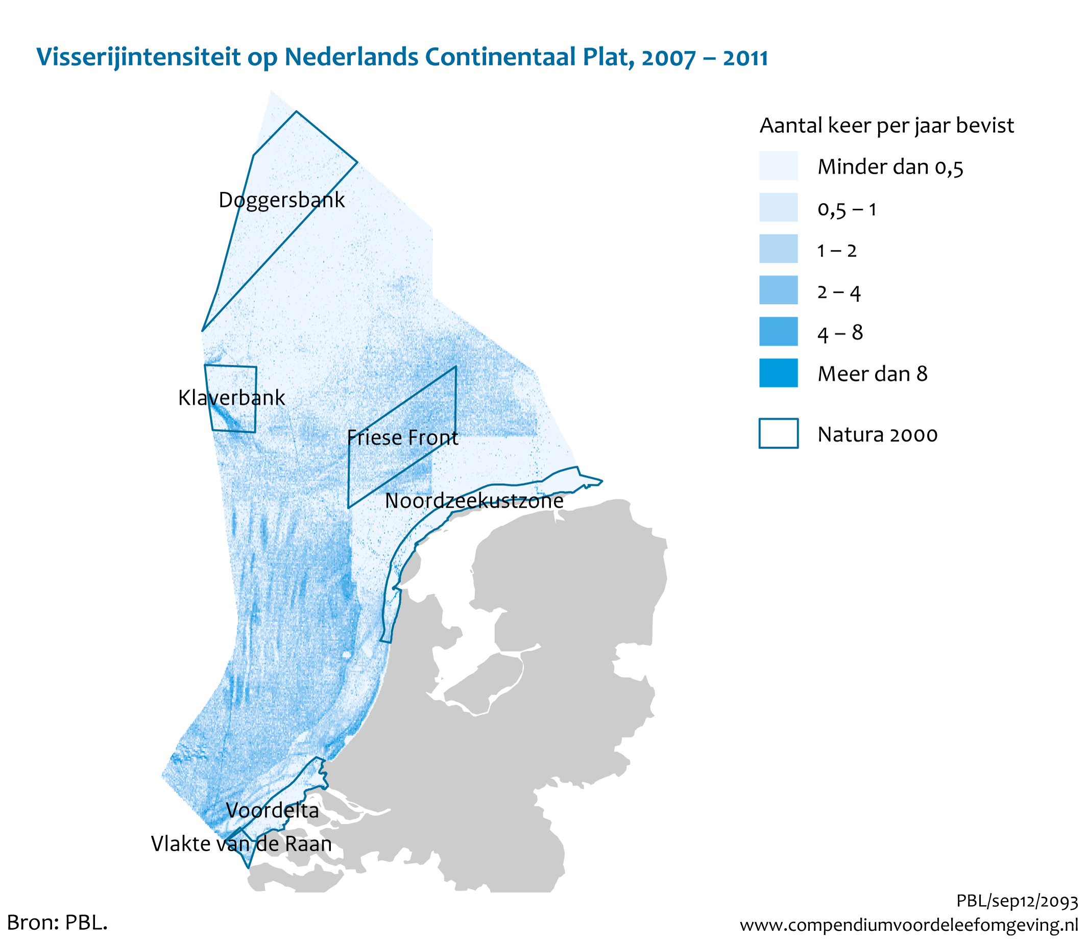 Figuur Visserijintensiteit op Nederlands Continentaal Plat, 2007-2011. In de rest van de tekst wordt deze figuur uitgebreider uitgelegd.