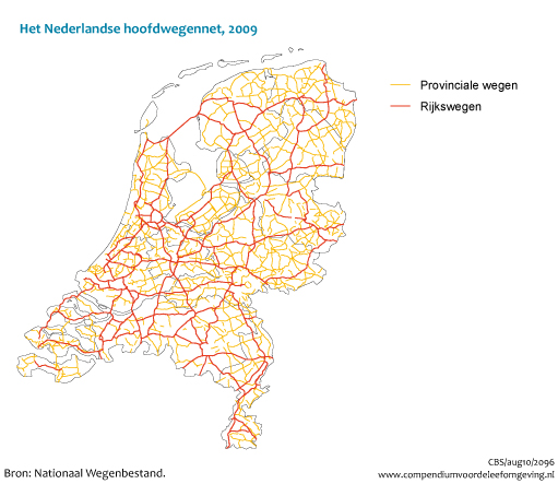 Figuur  Het Nederlandse hoofdwegennet, 2009. In de rest van de tekst wordt deze figuur uitgebreider uitgelegd.