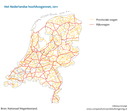 Figuur  Het Nederlandse hoofdwegennet, 2011. In de rest van de tekst wordt deze figuur uitgebreider uitgelegd.