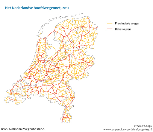 Figuur  Het Nederlandse hoofdwegennet, 2012. In de rest van de tekst wordt deze figuur uitgebreider uitgelegd.