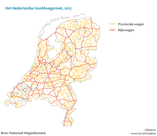 Figuur  Het Nederlandse hoofdwegennet, 2013. In de rest van de tekst wordt deze figuur uitgebreider uitgelegd.