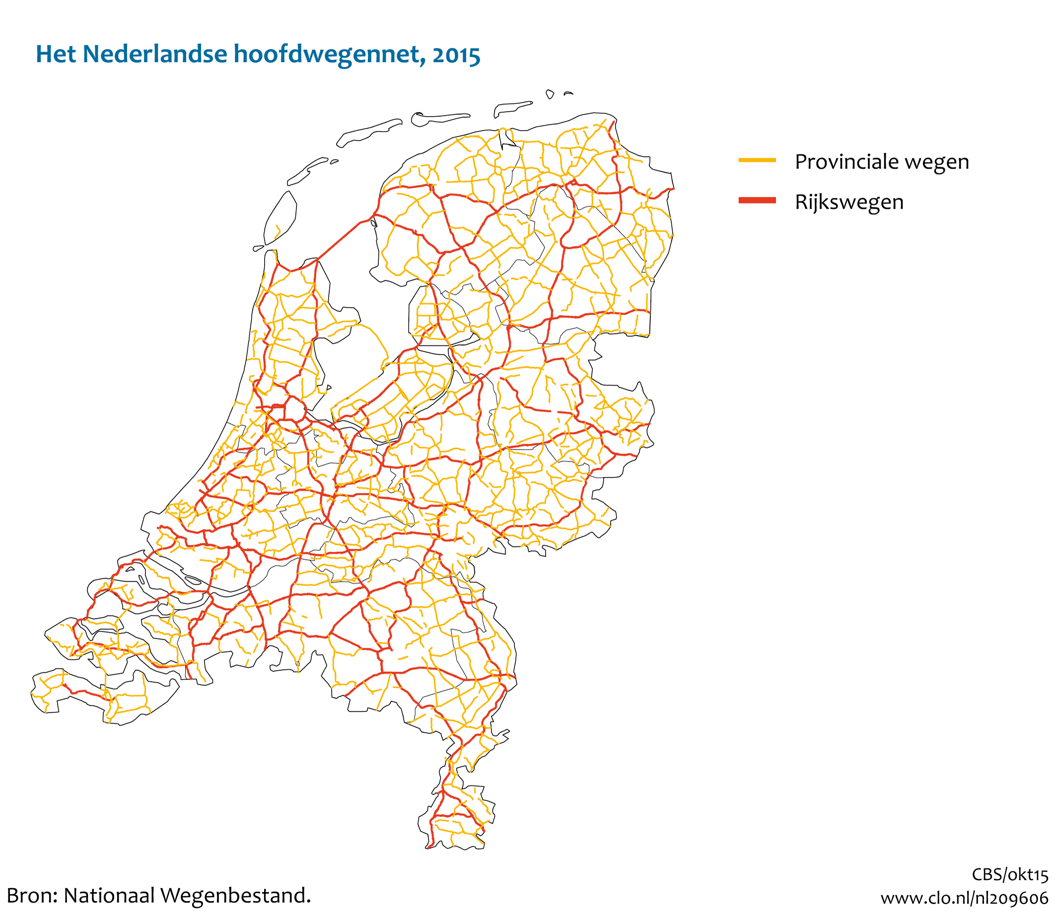 Figuur  Het Nederlandse hoofdwegennet, 2015. In de rest van de tekst wordt deze figuur uitgebreider uitgelegd.