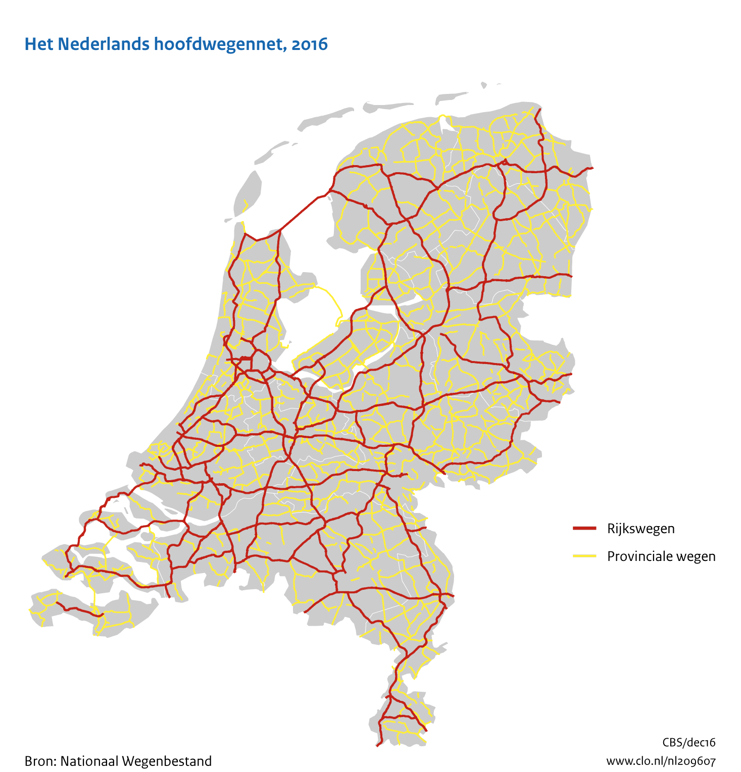 Figuur  Het Nederlandse hoofdwegennet, 2016. In de rest van de tekst wordt deze figuur uitgebreider uitgelegd.