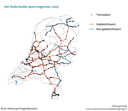 Figuur  Het Nederlandse spoorwegennet, 2009. In de rest van de tekst wordt deze figuur uitgebreider uitgelegd.