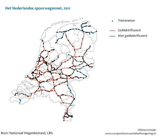 Figuur  Het Nederlandse spoorwegennet, 2011. In de rest van de tekst wordt deze figuur uitgebreider uitgelegd.
