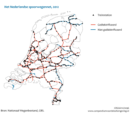 Figuur  Het Nederlandse spoorwegennet, 2012. In de rest van de tekst wordt deze figuur uitgebreider uitgelegd.