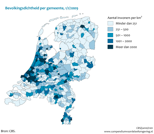 Figuur  Bevolkingsdichtheid in Nederland. In de rest van de tekst wordt deze figuur uitgebreider uitgelegd.