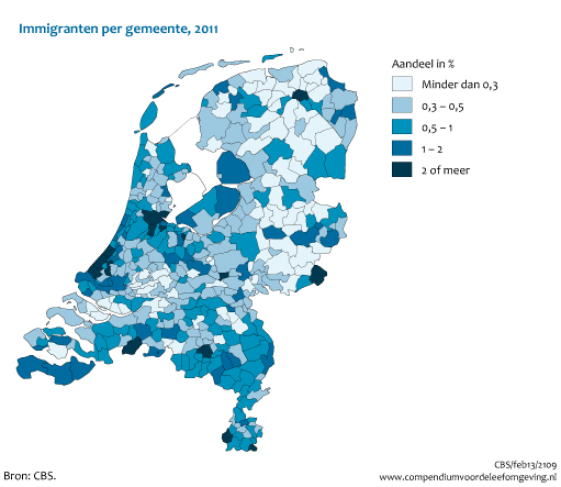 Figuur  Immigranten per gemeente, 2011. In de rest van de tekst wordt deze figuur uitgebreider uitgelegd.