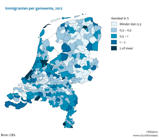 Figuur  Immigranten naar geboorteland per gemeente, 2012. In de rest van de tekst wordt deze figuur uitgebreider uitgelegd.