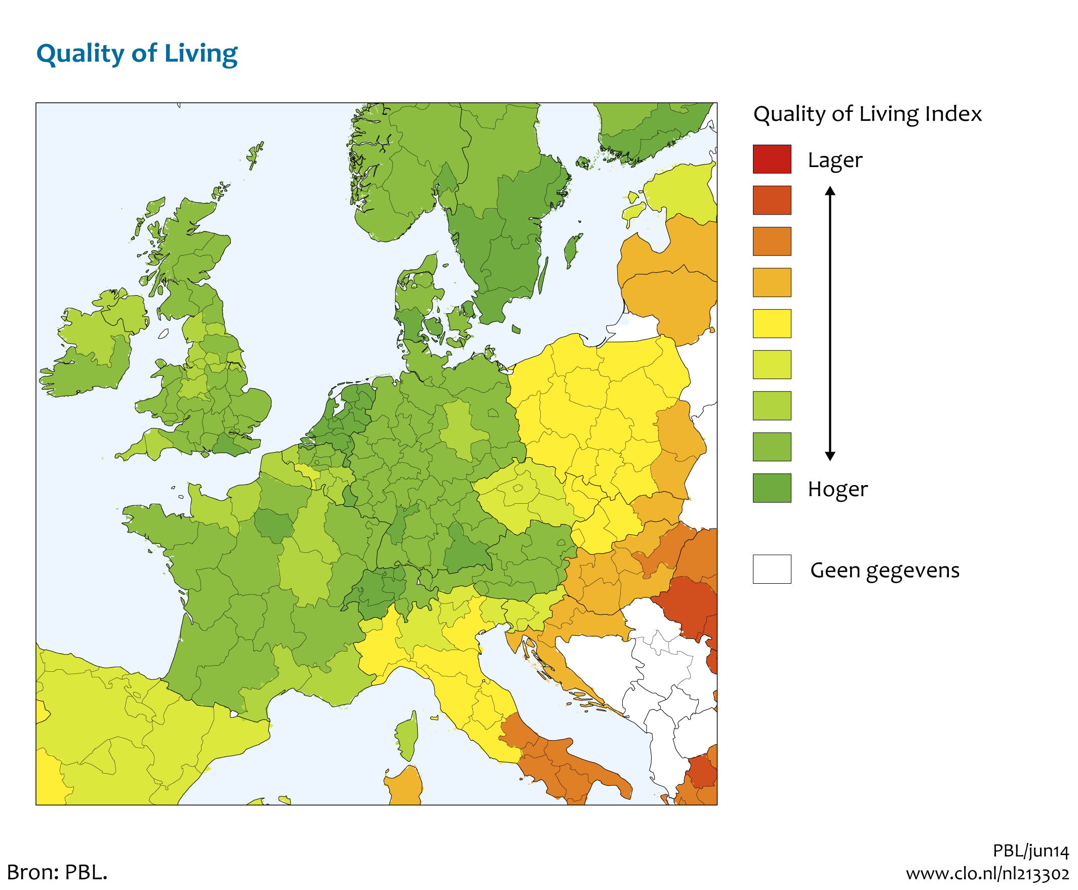 Figuur Regionale Quality of Living Index . In de rest van de tekst wordt deze figuur uitgebreider uitgelegd.