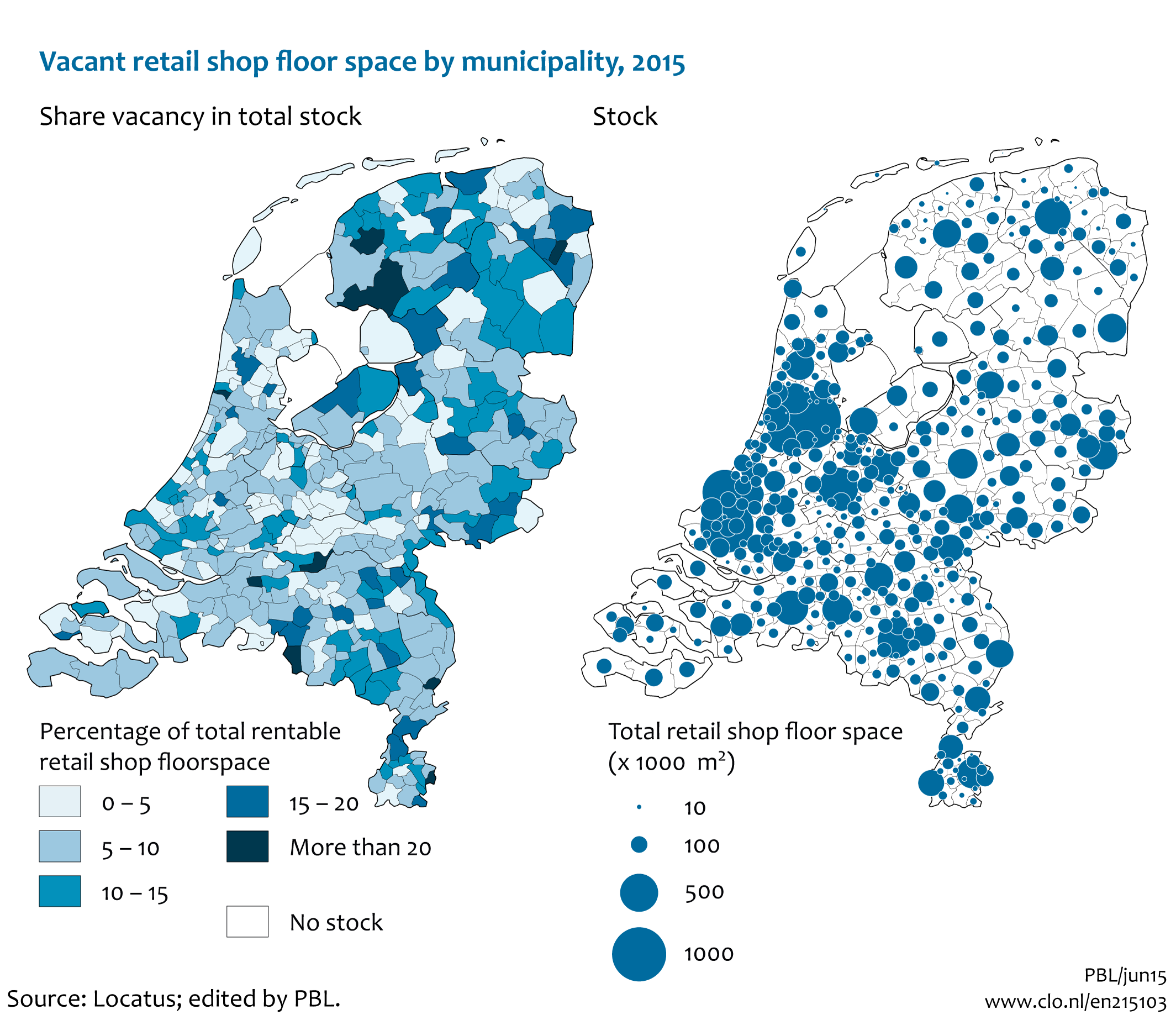 Image Vacant shop floor area by municipality, 2015. The image is further explained in the text.