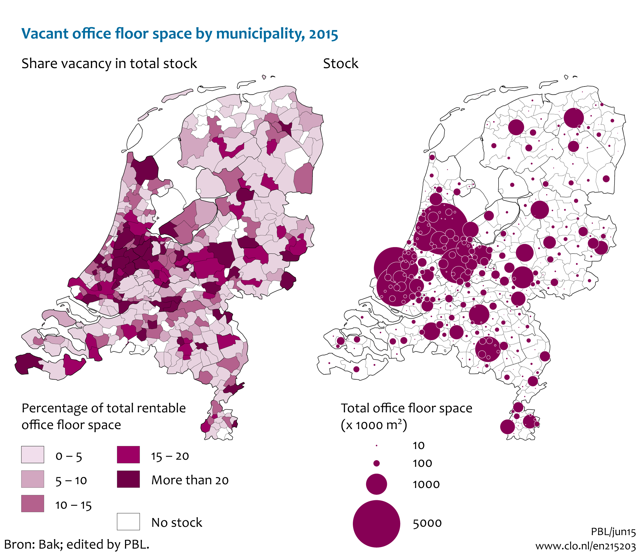 Image Vacant office floor space by municipality, 2015. The image is further explained in the text.