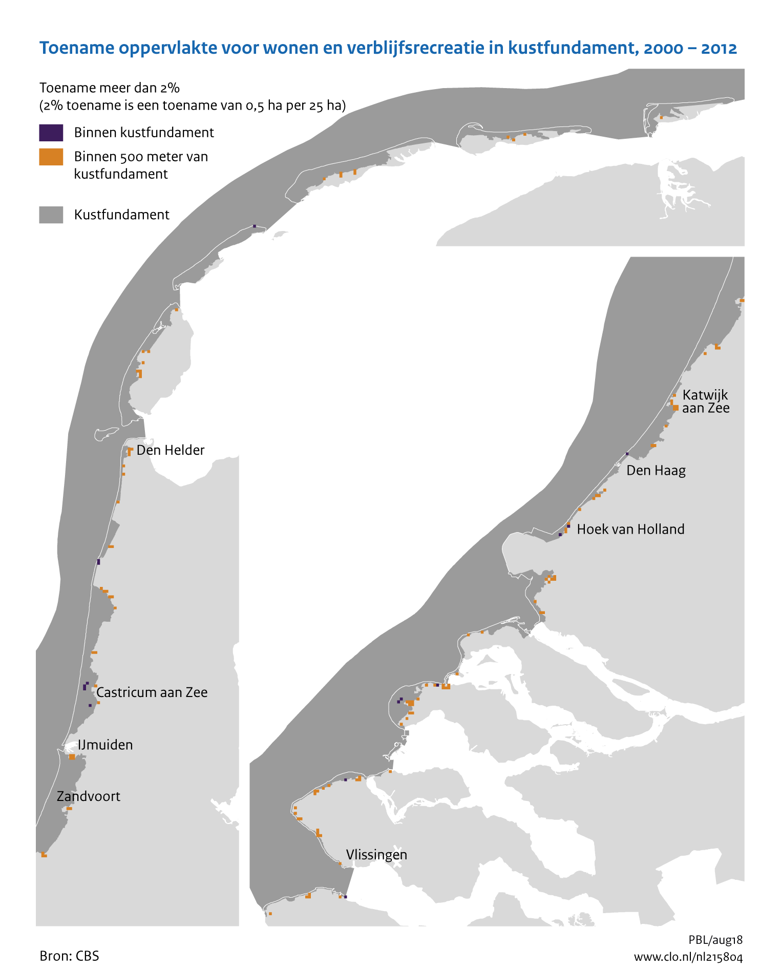 Figuur Toename bebouwd oppervlak in kustfundament, 2000-2012. In de rest van de tekst wordt deze figuur uitgebreider uitgelegd.